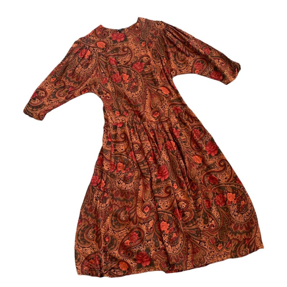 Vintage Hunters Run Floral Paisley 100% Rayon Midi Dress